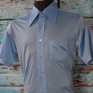 Vintage 60s 70s Blue Mens Poly Button Up Shirt M